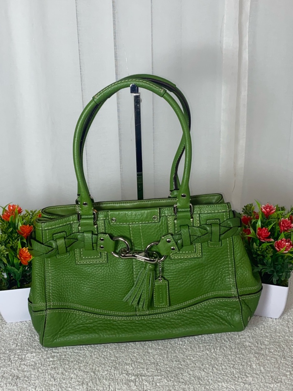 GUC Coach Bleecker Olive Green Leather Braided-Trim Satchel